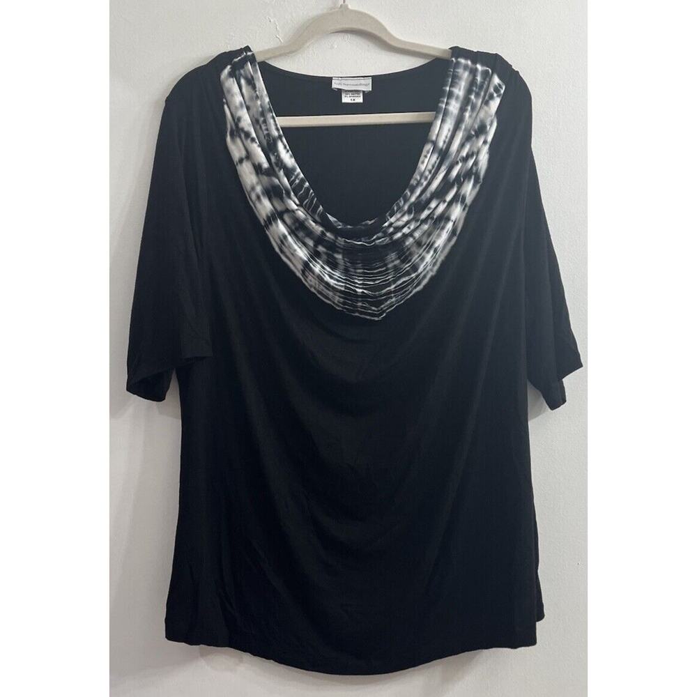 Soft Surroundings Women's 1X Tie Dye‎ Drape Neck Top Black Jersey Knit Short Slv